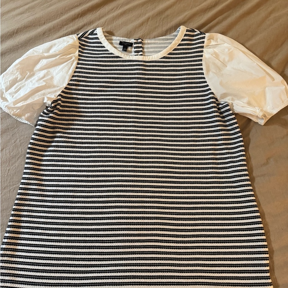 Talbots Navy and White Striped Knit Top With Puff Sleeves